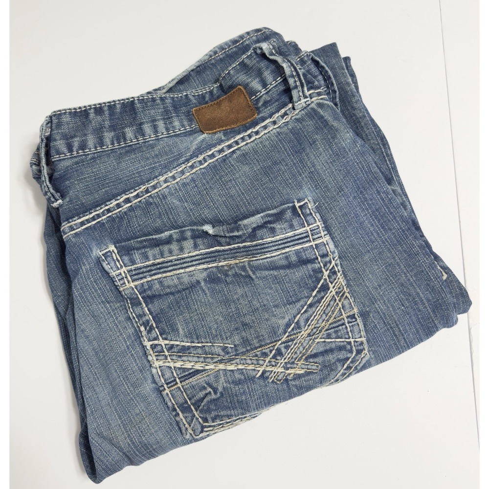 BKE Men's Seth Jeans 38x32 Blue Medium Wash Straight Leg Thick Stitch Buckle